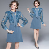 runhufu Temperament Feel Hot Diamond Bow Bow Long Sleeve Spliced High-Waist Heavy Industry Dress Women Spring And Autumn New