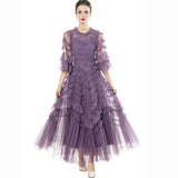 runhufu Point Lotle Side Trumpet Horn Sleeve Princess Wind Dark Purple Long Dress Dress Dress Stand Spring And Summer Women New 2025