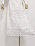 runhufu Australian Round Neck Lantern Sleeve Short Sleeve Water-Soluble Lace Splicing Holiday Style Temperament White Dress Dress