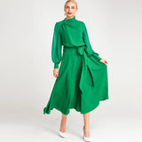 runhufu Spring And Summer Women's New Sexy Irregular Collar Long Sleeves Long-Sleeved Puffy Green Dress Dress Dress