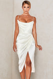 runhufu Sales 2025 Spring And Summer New Slings Solid Color V-Neck Irregularly Folded High-Waisted Dress Dress