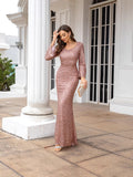 runhufu New Fashion V-Necked Hips Brighten Dress Mid-Waisted Horn Sleeve Long Evening Dress