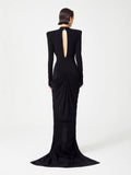 runhufu Black Long-Sleeved Hollow V-Neck Cross Dress Metal Fishtail Elegant Dress