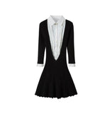 runhufu Mengling With A Retro Shirt Collar Splicing V-Neck Dress Autumn And Winter High-End Black And White Folding Dress