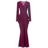 runhufu Deep V-Neck Care Machine Lace Splicing Purple Dress Tight Long Dress Dress Women Autumn New 2025