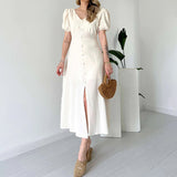 runhufu Women's Summer French V-Neck Bubble Bubble Sleeve High Waist Open Temperament With Long Dress
