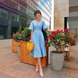 runhufu 2024 Summer Women's V-Neck Short-Sleeved Lace Sleeves Single-Drace Dress