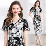 runhufu Banquet Famous Wind V-Neck Bubble Sleeves Body-Brace Hip Three-Dimensional Flower Lace Dress