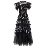 runhufu Industry Embroidery Round Collar Leaf Sleeve Net Dress Long Princess Dress Women's New Summer And Autumn 2025