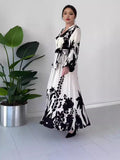 runhufu Summer Summer V-Neck Button Black And White Printed Dress