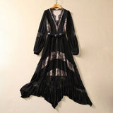 runhufu V-Neck Long-Sleeved Lace Splicing Black Irregular Swing Dress Spring And Summer Women's New 2024