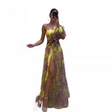 runhufu New Women's Sexy Slant Shoulder Shoulder Long Sleeve Broken Flower Dress Dress High-End Big Swing Flowers