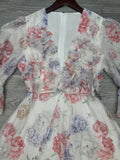 runhufu Style Dress 2025 Summer V-Neck Bubble Sleeves Mid-Sleeve Fresh Sweet Three-Dimensional Flower Print Dress