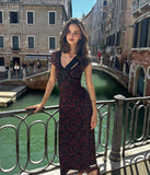 runhufu Retro Black V-Neck Rose Crush Babes Body Dress Female Pure Ass Long Skirt