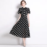 runhufu Lotle Leaf Short-Sleeved Single Buckle Tidling With Belt Dot Wave Point Princess Wind Swing Dress 2024 Summer New