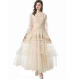 runhufu Industry Three-Dimensional Flower Hollow Long-Sleeved Lotus Side Princess Wind Apricot Dress New Women's Autumn And Winter 2024
