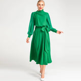 runhufu Spring And Summer Women's New Sexy Irregular Collar Long Sleeves Long-Sleeved Puffy Green Dress Dress Dress