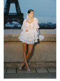 runhufu Summer New French Design Hollow Short Romantic Lace Splicing Princess Dress
