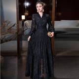 runhufu V-Neck Lace Lace Hook Long-Sleeved Black Swing Dress Dress Dress Stand Girl Spring And Autumn 2025