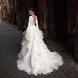 Hot Wedding Dress Long Sleeves Dragging High Waist Thin Wedding Dress French Yarn Main Yarn Depth V Sexy