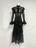 runhufu Summer New Collar Horn Long Sleeve With Waist Hollow Lace Dress Suit Woman