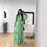 runhufu 2024 Elegant Splicing Long-Sleeved V-Neck Dress Women's Long Dress