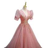 runhufu Evening Dress Dress Female Solid Color Host V Lead French Princess Vocal Art Test Solo Performance Dress Pink