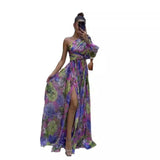 runhufu New Women's Sexy Slant Shoulder Shoulder Long Sleeves Crumped Floral Dress Dress High-End Big Smash Floral Dress