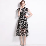 runhufu Knee Dress Women's Summer 2024 Temperament Lotus Leaf Sleeve Fashion Waist Thin Print V-Neck Dress