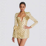 runhufu Dress Wave Point Printing Deep V-Neck Heavy Industry Flower Folds To The Waist Dress Short New Model