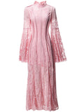 runhufu Style Collar Lace Splicing Horn Long Sleeve Long Dress Dress Spring And Summer New Women's Dress 2024