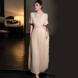 runhufu V-Neck Waist-Lined Bead Buckle With Chiffon Big Swing 100-Fold Long Dress Spring And Summer Women's Dress 2025