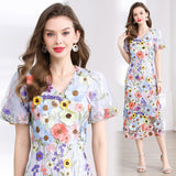 runhufu Banquet Famous Wind V-Neck Bubble Sleeves Body-Brace Hip Three-Dimensional Flower Lace Dress