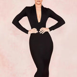 runhufu Deep V-Neck Fashion Trendy Long Sleeve Banded Dress With High-End Banquet Evening Dress