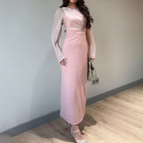 runhufu Women's Autumn Round-Neck Long Sleeve Splicing Long Skirts To Repair Height Waist Skirt Women