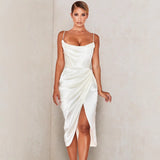 runhufu Sales 2025 Spring And Summer New Slings Solid Color V-Neck Irregularly Folded High-Waisted Dress Dress