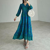 runhufu Women's Autumn New V-Necked Lantern Sleeve Print High-Waist Retro Long Dress