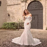 One-Word Shoulder Lace Light Wedding Dress Temperament Long-Sleeved Senior Sense Fishtail Yarn Niche Engagement Welcome Thin Dress