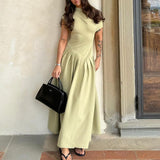 runhufu Women's Summer Round Neck Short Sleeve Splicing Irregular Pressure High-Waisted Skirt