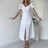 runhufu Women's Summer French V-Neck Bubble Bubble Sleeve High Waist Open Temperament With Long Dress