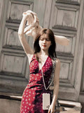 runhufu Luth's Same Red V-Neck Broken Flower Hanging Neck Sling Dress In The Middle And Long Summer Holiday Style Dress