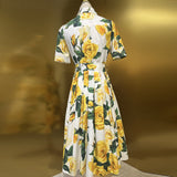 runhufu Rose Print Short Sleeve Single Buckle With Waist Cotton Dress Spring And Summer Women's New 2024