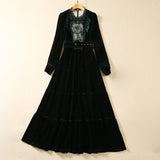 runhufu Hollow Embroidered Long-Sleeved Wine Red Velvet Princess Dress Dress Autumn And Winter Women's Dress New 2025