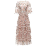 runhufu Industry Embroidered Short Sleeve Splicing Round Collar Lotus Leaf Side Long Dress Dress Autumn And Winter Women's Dress New