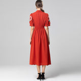 runhufu Industry Embroidered Flower Lily Collar Short Sleeve Tie Tight Waist High Dress Station Spring And Summer Woman 2025