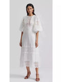 runhufu Australian Round Neck Lantern Sleeve Short Sleeve Water-Soluble Lace Splicing Holiday Style Temperament White Dress Dress