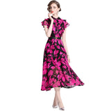 runhufu Knee Dress Women's Summer 2024 Temperament Lotus Leaf Sleeve Fashion Waist Thin Print V-Neck Dress