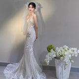 Fishtail Lace Wedding Dress Yarn Advanced Texture 2025 New Bride Slimming Super Fairy Boobs Go Out Yarn Woman