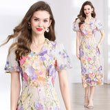 runhufu Banquet Famous Wind V-Neck Bubble Sleeves Body-Brace Hip Three-Dimensional Flower Lace Dress