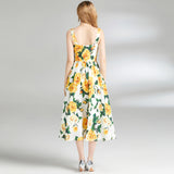 runhufu Dress 2024 Summer Vacation House Cotton Yellow Rose Print Big Swing Princess Fairy Mid-Long Dress